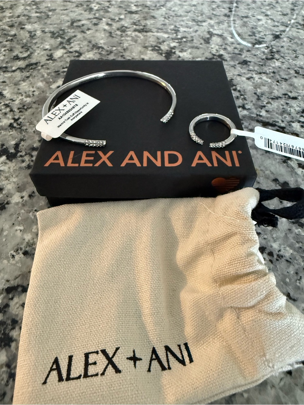 Alex and Ani Silver Crystal Open Cuff Bracelet and Matching Ring
